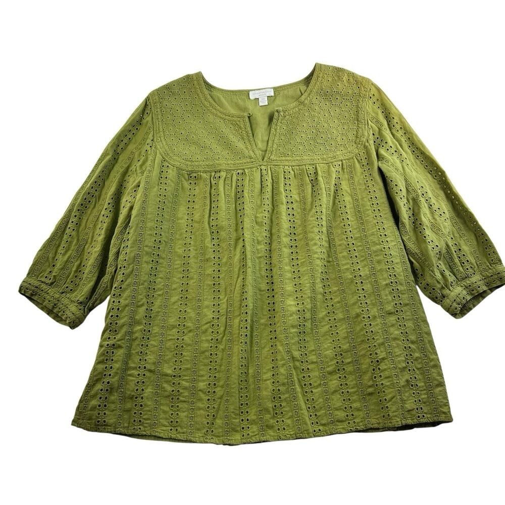 Charter Club Woman Plus 16W Blouse Green Eyelet Boho Peasant Keyhole 3/4 Sleeve